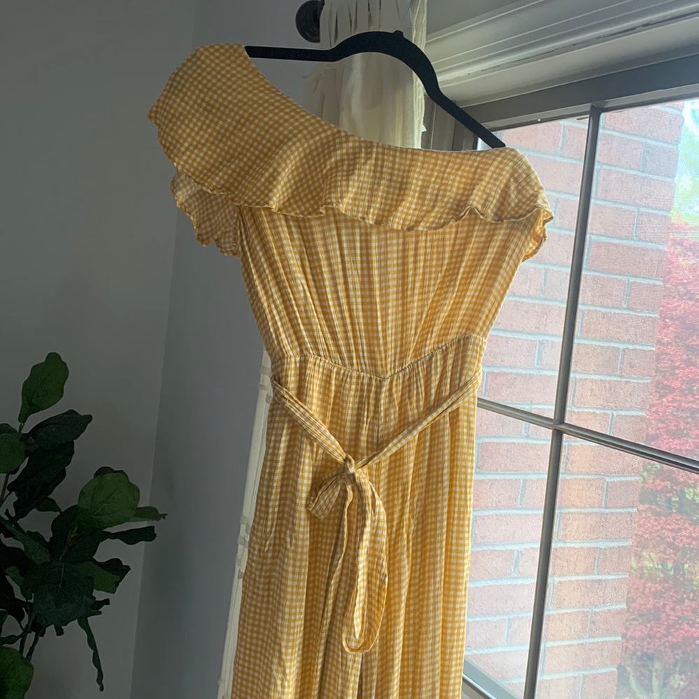 One shoulder gingham yellow jumpsuit